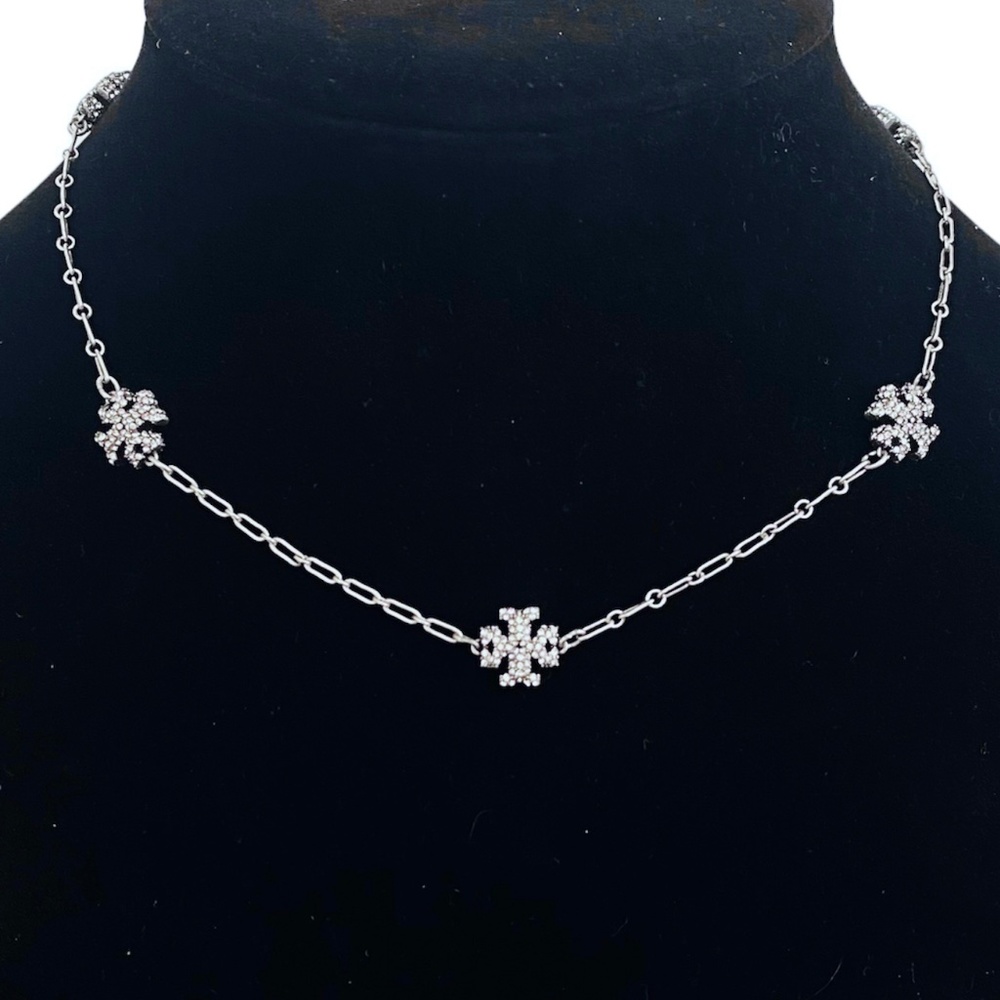 Auth NEW Tory Burch SILVER ROXANNE Sparkling Pavè Logo Pendant Necklace $345
